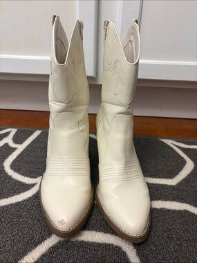 Women’s Cream Western Ankle Boots mid calf Stylish Pointed Toe